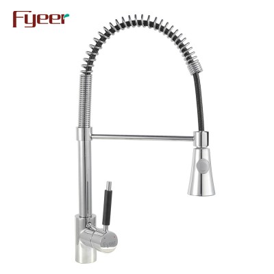 Fyeer Round Spray Brass Pull Down Kitchen Sink Faucet with Black Handle