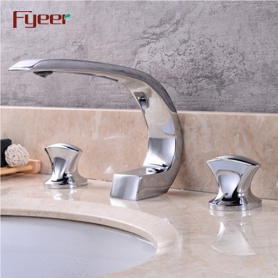 Fyeer Widespread 3 Hole Modern Curved Brass Bathroom Basin Faucet