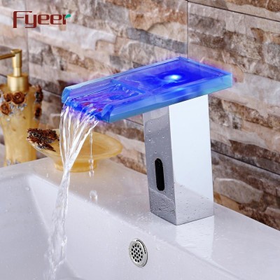 Fyeer Glass Spout Waterfall Automatic Sensor Faucet with LED Light